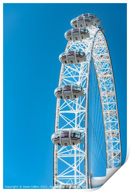 Capsules on the London Eye against a blue sky Print by Dave Collins