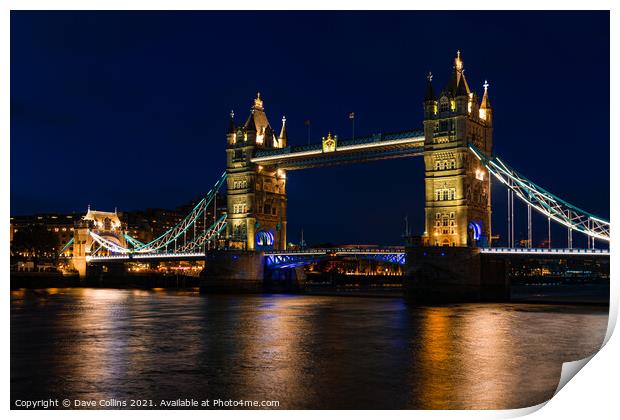 Illuminated Tower Bridge over the River Thames at Dusk Print by Dave Collins