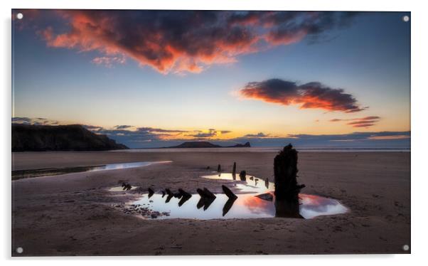 The wreck of the Helvetia and Worms Head Acrylic by Leighton Collins