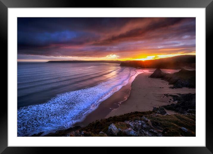Gower sunset at Three Cliffs Bay Framed Mounted Print by Leighton Collins