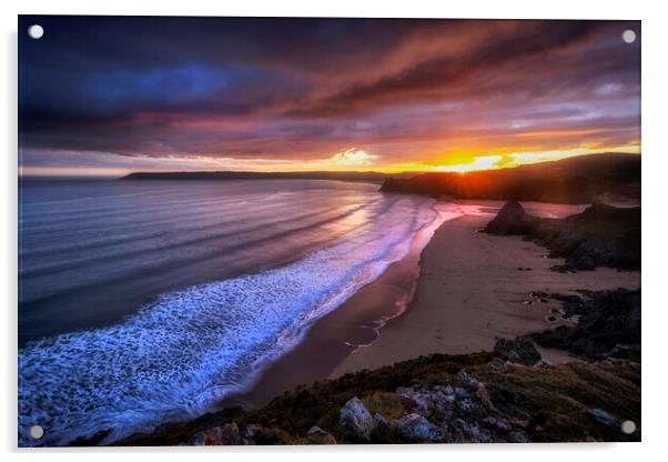 Gower sunset at Three Cliffs Bay Acrylic by Leighton Collins
