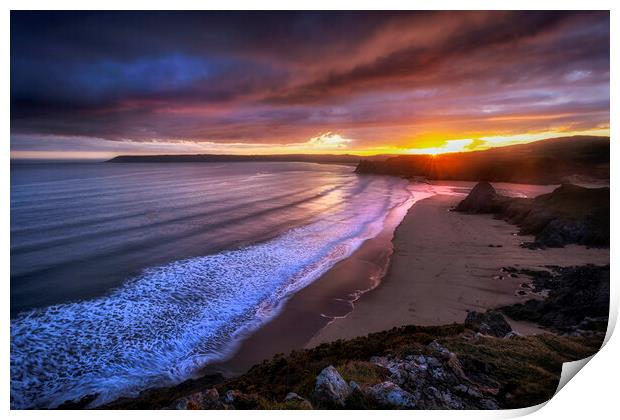 Gower sunset at Three Cliffs Bay Print by Leighton Collins