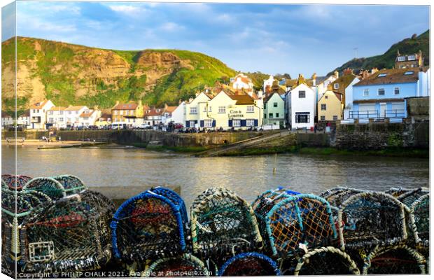 Staithes sea front with the cod and lobster pub with lobster pots. 538 Canvas Print by PHILIP CHALK