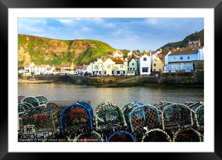 Staithes sea front with the cod and lobster pub with lobster pots. 538 Framed Mounted Print by PHILIP CHALK