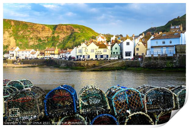 Staithes sea front with the cod and lobster pub with lobster pots. 538 Print by PHILIP CHALK
