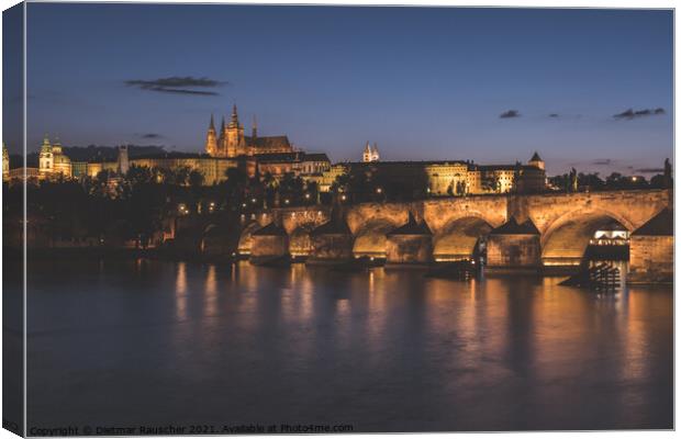 Prague Cityscape at Night with Saint Vitus Cathedral and Charles Canvas Print by Dietmar Rauscher