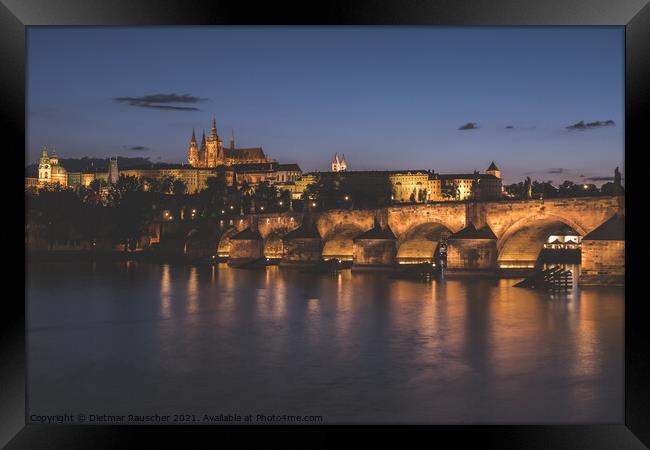 Prague Cityscape at Night with Saint Vitus Cathedral and Charles Framed Print by Dietmar Rauscher
