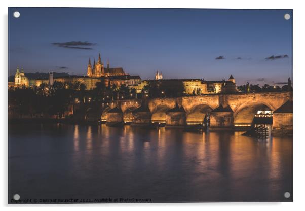 Prague Cityscape at Night with Saint Vitus Cathedral and Charles Acrylic by Dietmar Rauscher