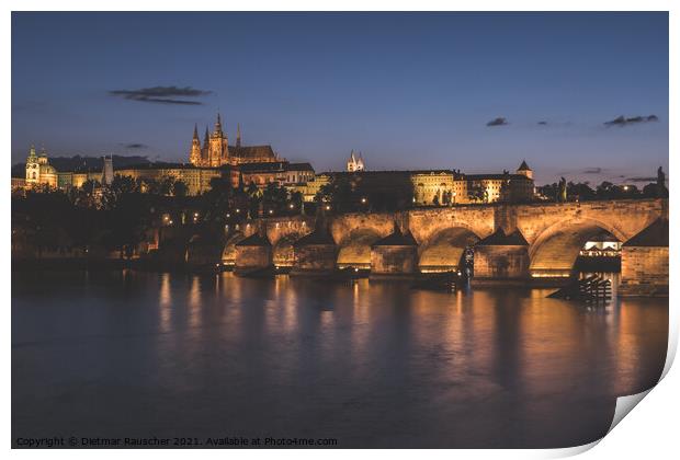 Prague Cityscape at Night with Saint Vitus Cathedral and Charles Print by Dietmar Rauscher