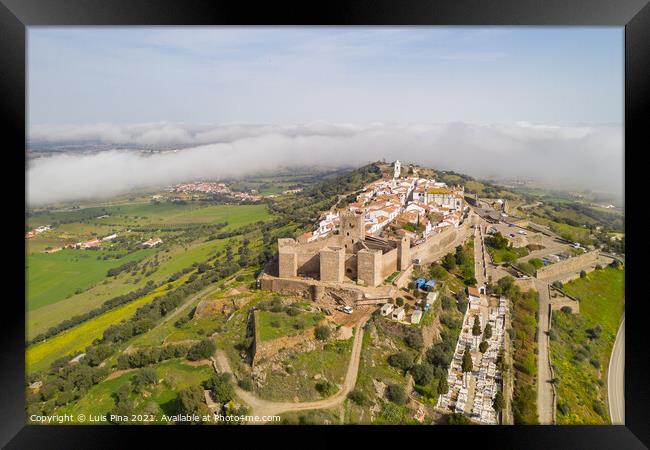 Monsaraz drone aerial view on the clouds in Alentejo, Portugal Framed Print by Luis Pina