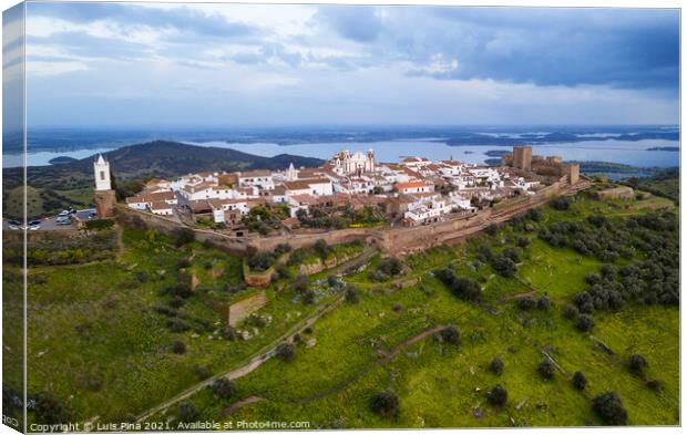 Monsaraz drone aerial view in Alentejo at sunset, in Portugal Canvas Print by Luis Pina