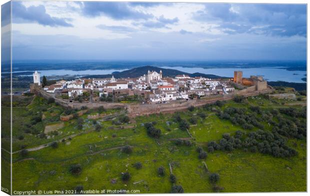 Monsaraz drone aerial view in Alentejo at sunset, in Portugal Canvas Print by Luis Pina