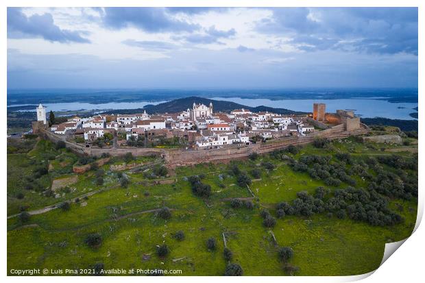 Monsaraz drone aerial view in Alentejo at sunset, in Portugal Print by Luis Pina