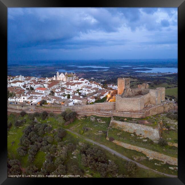 Monsaraz drone aerial view in Alentejo at sunset, in Portugal Framed Print by Luis Pina