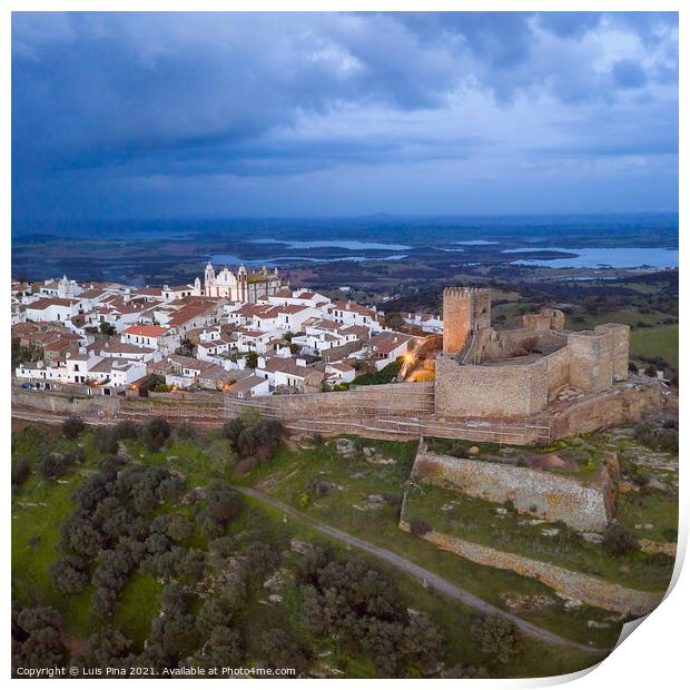 Monsaraz drone aerial view in Alentejo at sunset, in Portugal Print by Luis Pina