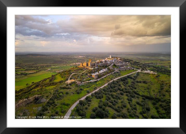 Monsaraz drone aerial view in Alentejo at sunset, in Portugal Framed Mounted Print by Luis Pina