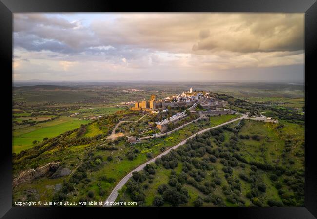 Monsaraz drone aerial view in Alentejo at sunset, in Portugal Framed Print by Luis Pina