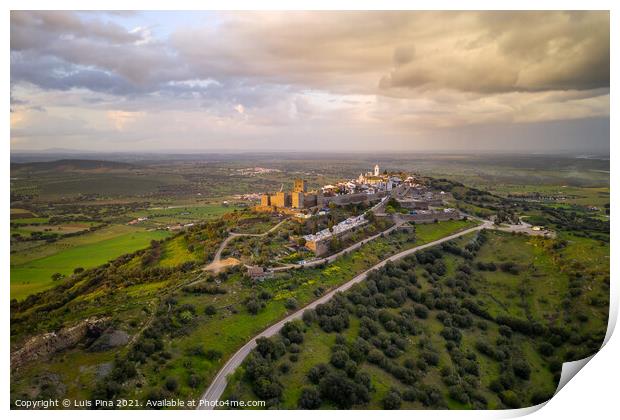 Monsaraz drone aerial view in Alentejo at sunset, in Portugal Print by Luis Pina