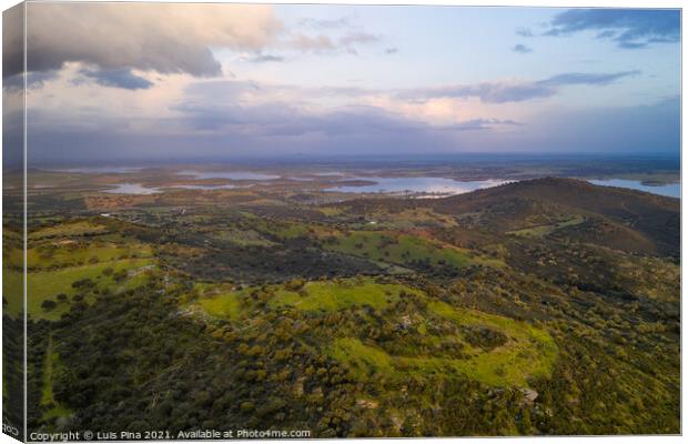 Alentejo drone aerial view of the landscape at sunset with alqueva dam reservoir, in Portugal Canvas Print by Luis Pina