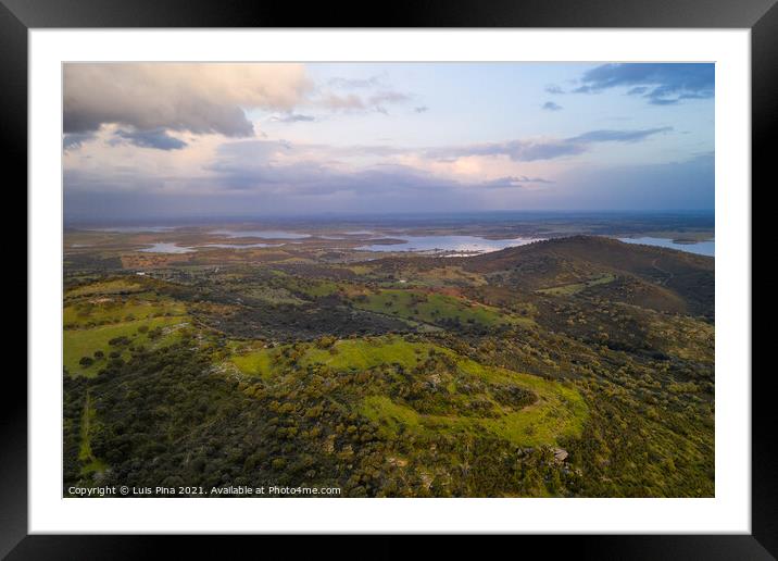 Alentejo drone aerial view of the landscape at sunset with alqueva dam reservoir, in Portugal Framed Mounted Print by Luis Pina
