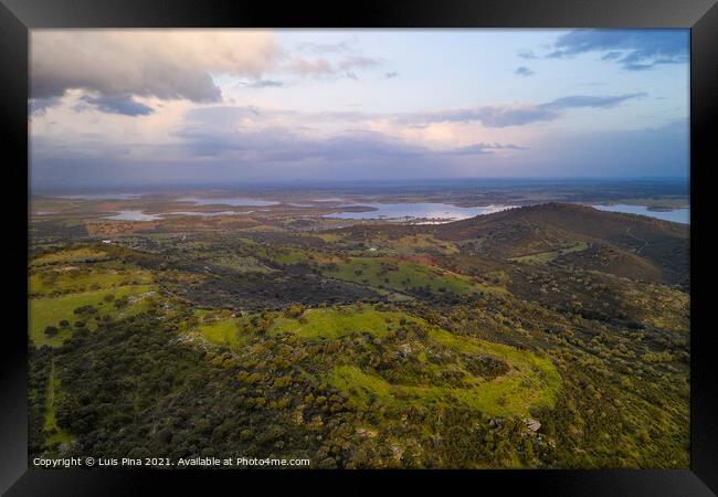 Alentejo drone aerial view of the landscape at sunset with alqueva dam reservoir, in Portugal Framed Print by Luis Pina