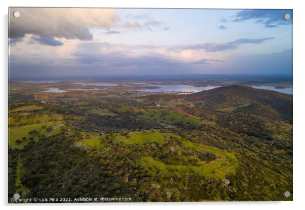 Alentejo drone aerial view of the landscape at sunset with alqueva dam reservoir, in Portugal Acrylic by Luis Pina