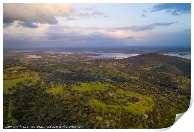 Alentejo drone aerial view of the landscape at sunset with alqueva dam reservoir, in Portugal Print by Luis Pina