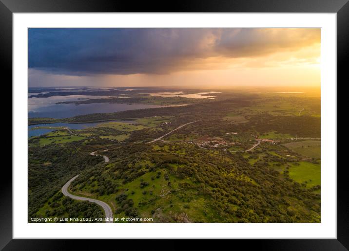 Alentejo drone aerial view of the landscape at sunset with alqueva dam reservoir, in Portugal Framed Mounted Print by Luis Pina