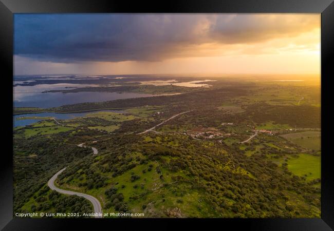 Alentejo drone aerial view of the landscape at sunset with alqueva dam reservoir, in Portugal Framed Print by Luis Pina