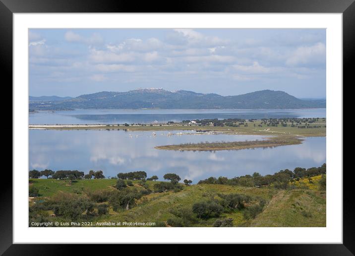 Lake reservoir water reflection of Alqueva Dam landscape and Monsaraz on the foreground in Alentejo, Portugal Framed Mounted Print by Luis Pina