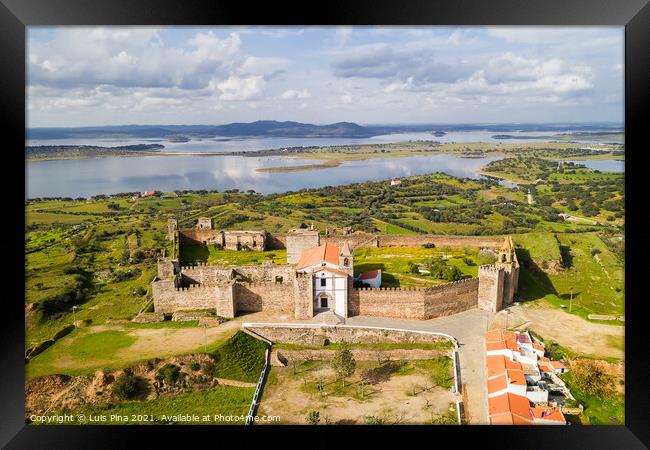 Mourao drone aerial view of castle with alqueva dam lake behind in Alentejo, Portugal Framed Print by Luis Pina