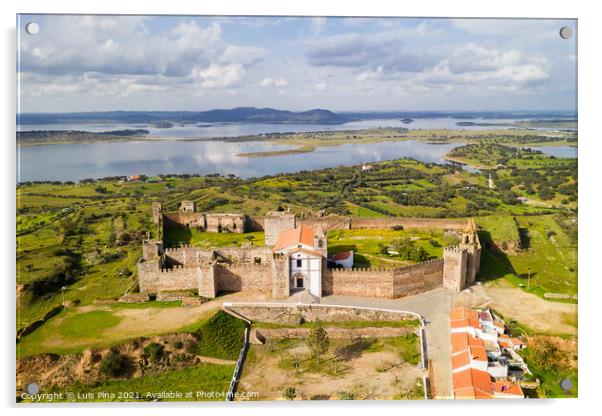 Mourao drone aerial view of castle with alqueva dam lake behind in Alentejo, Portugal Acrylic by Luis Pina