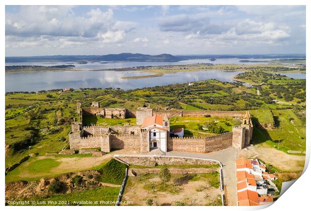 Mourao drone aerial view of castle with alqueva dam lake behind in Alentejo, Portugal Print by Luis Pina