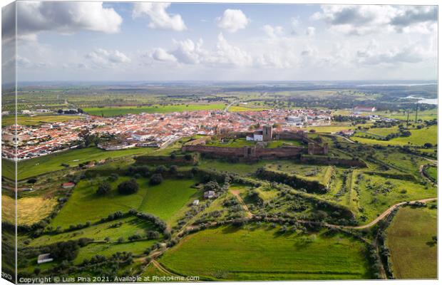 Mourao drone aerial view of castle and village in Alentejo landscape, Portugal Canvas Print by Luis Pina