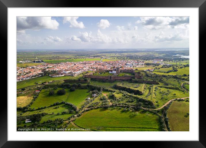 Mourao drone aerial view of castle and village in Alentejo landscape, Portugal Framed Mounted Print by Luis Pina
