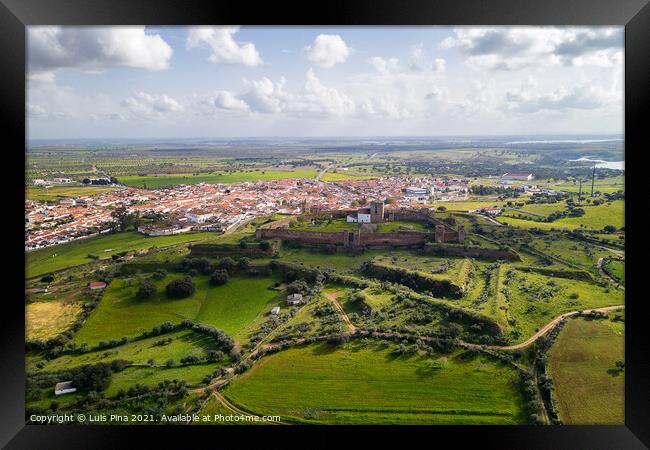 Mourao drone aerial view of castle and village in Alentejo landscape, Portugal Framed Print by Luis Pina