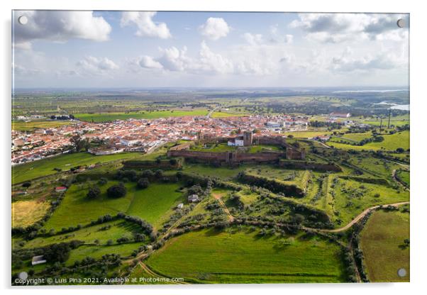 Mourao drone aerial view of castle and village in Alentejo landscape, Portugal Acrylic by Luis Pina