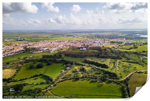 Mourao drone aerial view of castle and village in Alentejo landscape, Portugal Print by Luis Pina