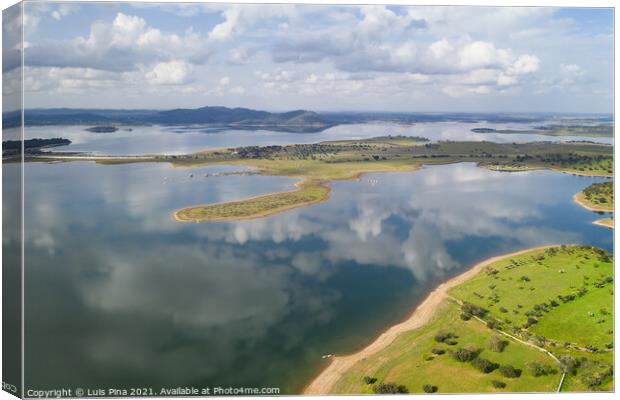 Lake reservoir water reflection drone aerial view of Alqueva Dam landscape and in Alentejo, Portugal Canvas Print by Luis Pina