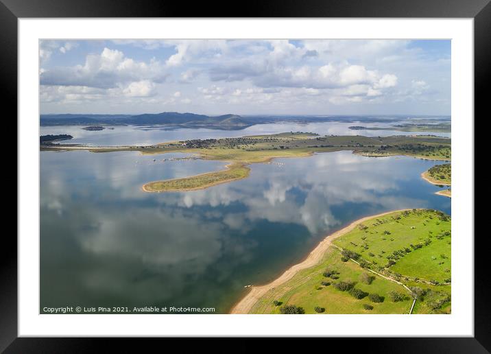 Lake reservoir water reflection drone aerial view of Alqueva Dam landscape and in Alentejo, Portugal Framed Mounted Print by Luis Pina