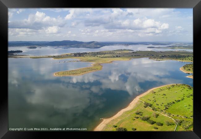 Lake reservoir water reflection drone aerial view of Alqueva Dam landscape and in Alentejo, Portugal Framed Print by Luis Pina