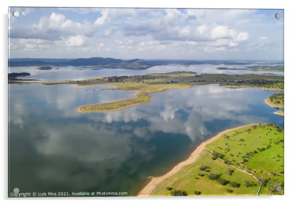 Lake reservoir water reflection drone aerial view of Alqueva Dam landscape and in Alentejo, Portugal Acrylic by Luis Pina