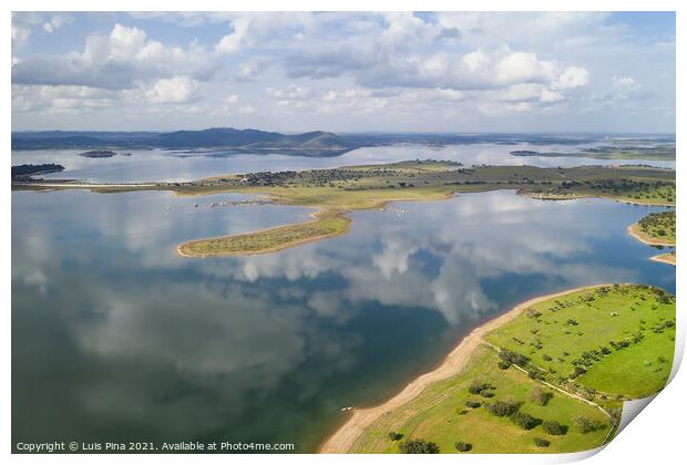Lake reservoir water reflection drone aerial view of Alqueva Dam landscape and in Alentejo, Portugal Print by Luis Pina