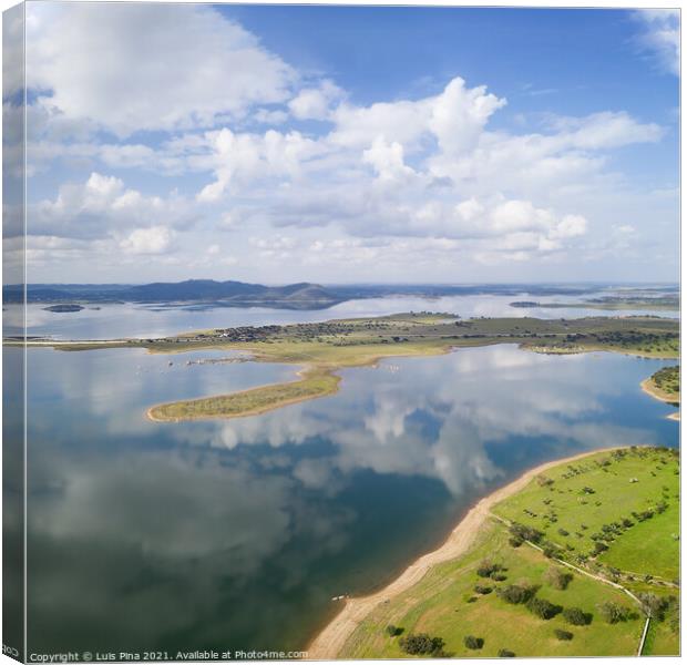 Lake reservoir water reflection drone aerial view of Alqueva Dam landscape and in Alentejo, Portugal Canvas Print by Luis Pina
