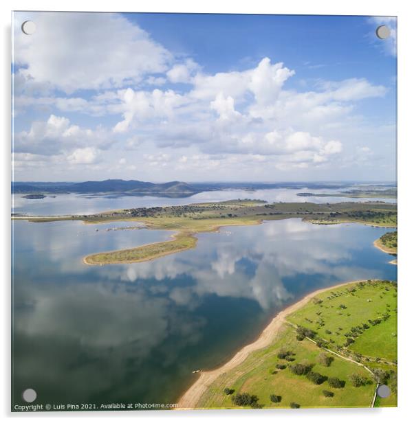 Lake reservoir water reflection drone aerial view of Alqueva Dam landscape and in Alentejo, Portugal Acrylic by Luis Pina