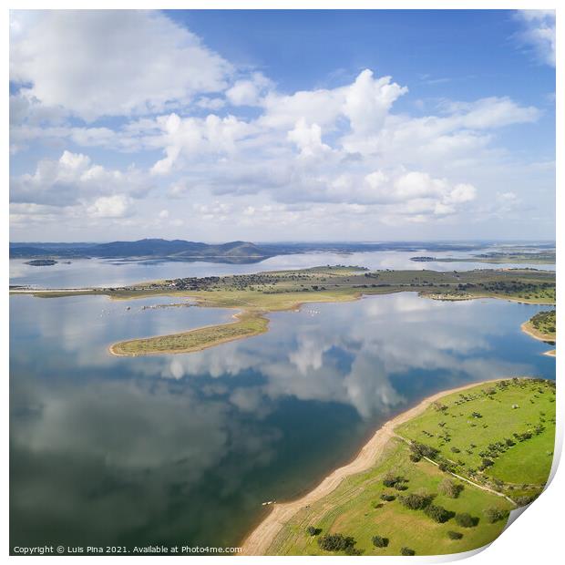 Lake reservoir water reflection drone aerial view of Alqueva Dam landscape and in Alentejo, Portugal Print by Luis Pina