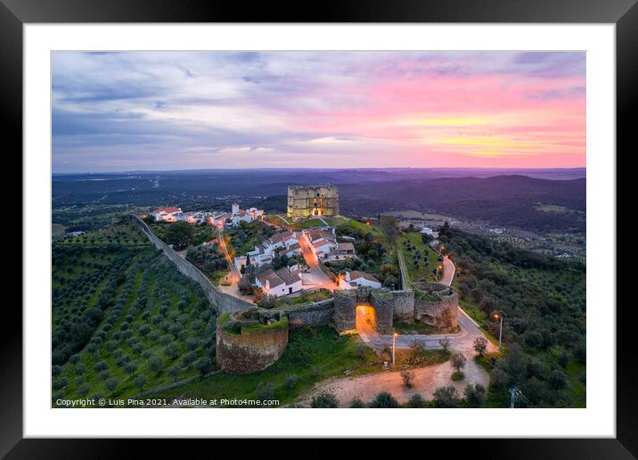 Evoramonte drone aerial view of village and castle at sunset in Alentejo, Portugal Framed Mounted Print by Luis Pina