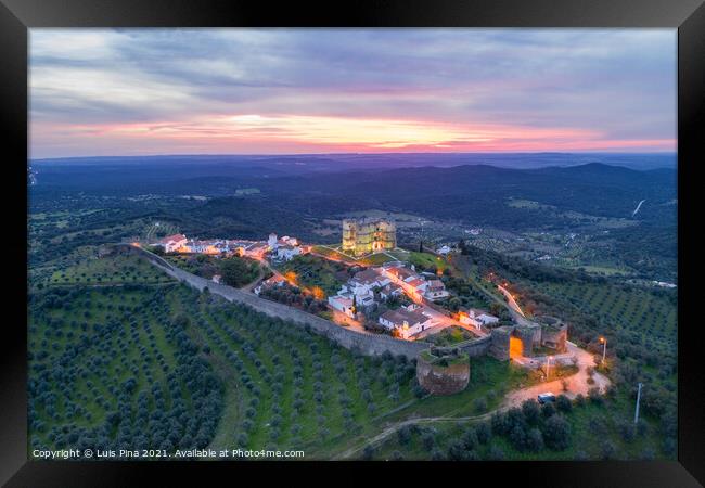 Evoramonte drone aerial view of village and castle at sunset in Alentejo, Portugal Framed Print by Luis Pina