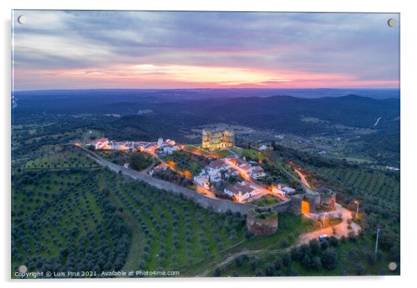 Evoramonte drone aerial view of village and castle at sunset in Alentejo, Portugal Acrylic by Luis Pina