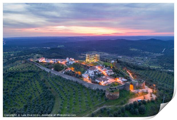 Evoramonte drone aerial view of village and castle at sunset in Alentejo, Portugal Print by Luis Pina